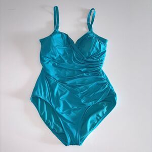 Jantzen Turquoise Blue Crossover One Piece Swimsuit Size 14 Ruched Sides